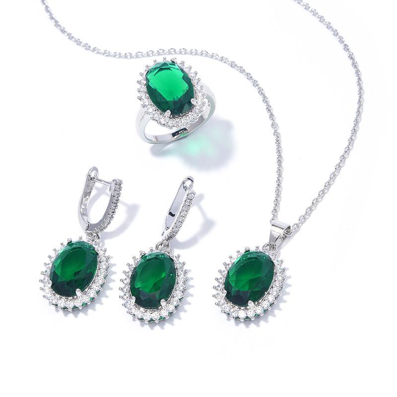 Explosive Oval Zircon Set Super Flash Ring Earrings Necklace Jewelry Set