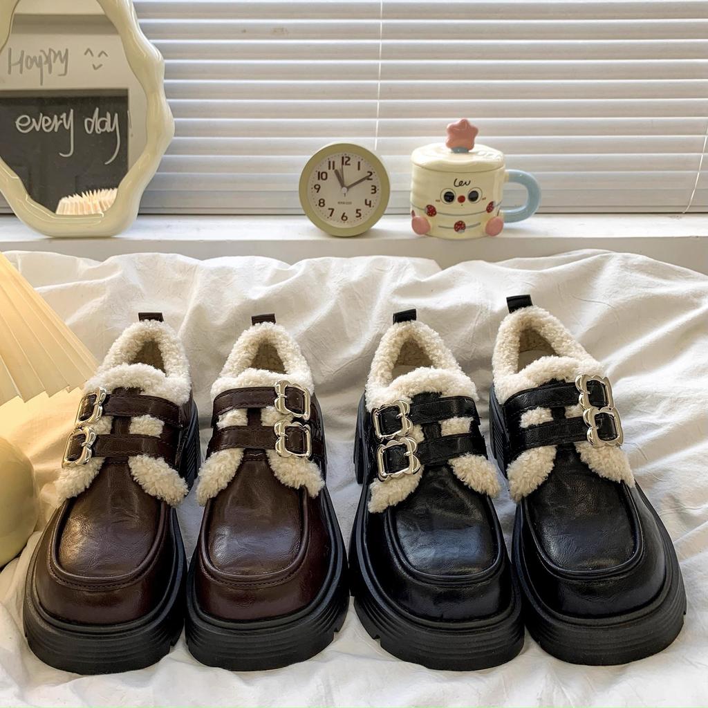 Ladies Thick Bottom Winter Fur One Warm Anti Cold Padded Snow Boots Non-slip Wear Casual Sports Cotton Boots Mary Jane Leather Shoes Loafers Shoes