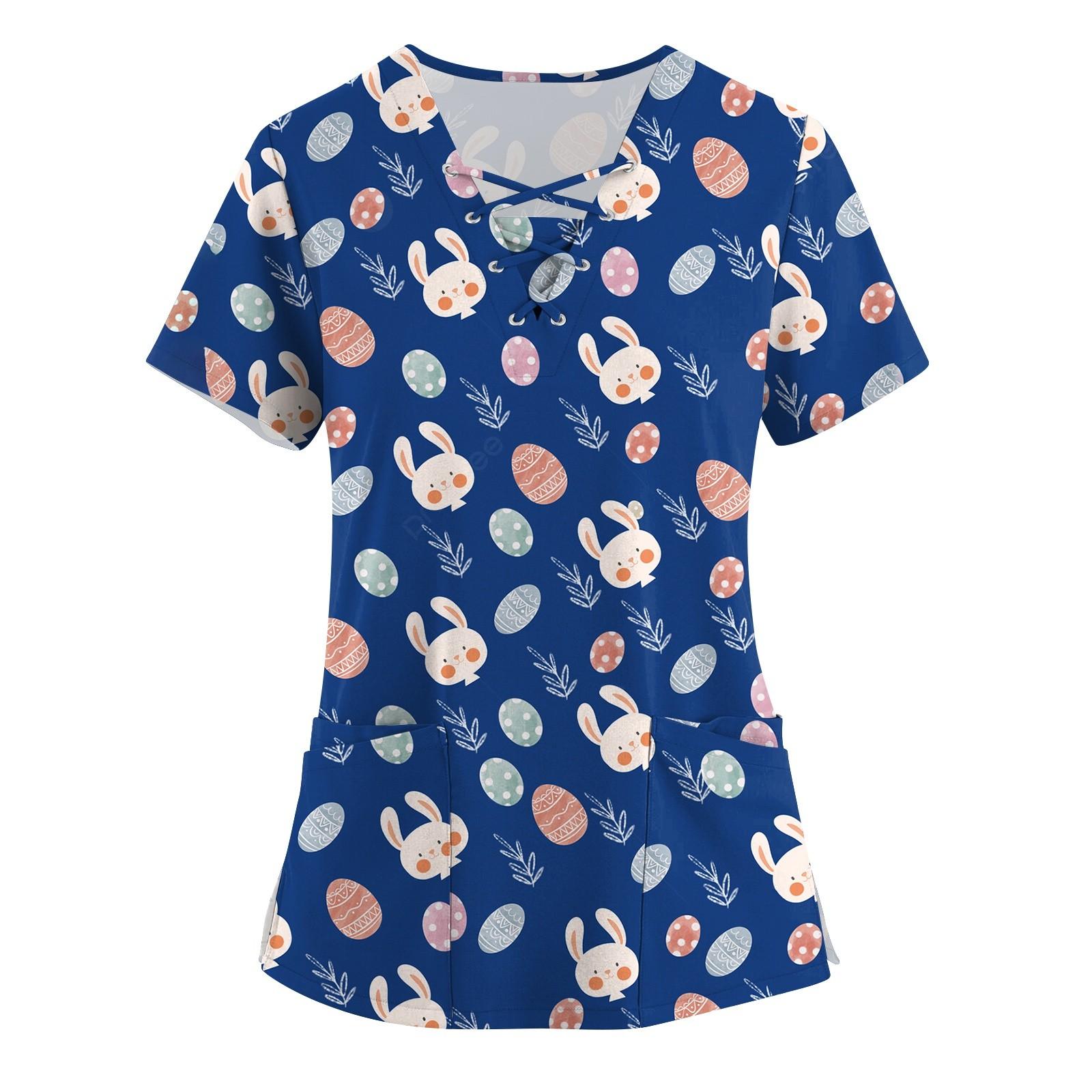Women s Fashion Short Sleeve V-Neck Drawstring Easter Print Pocket Work Top XXXL