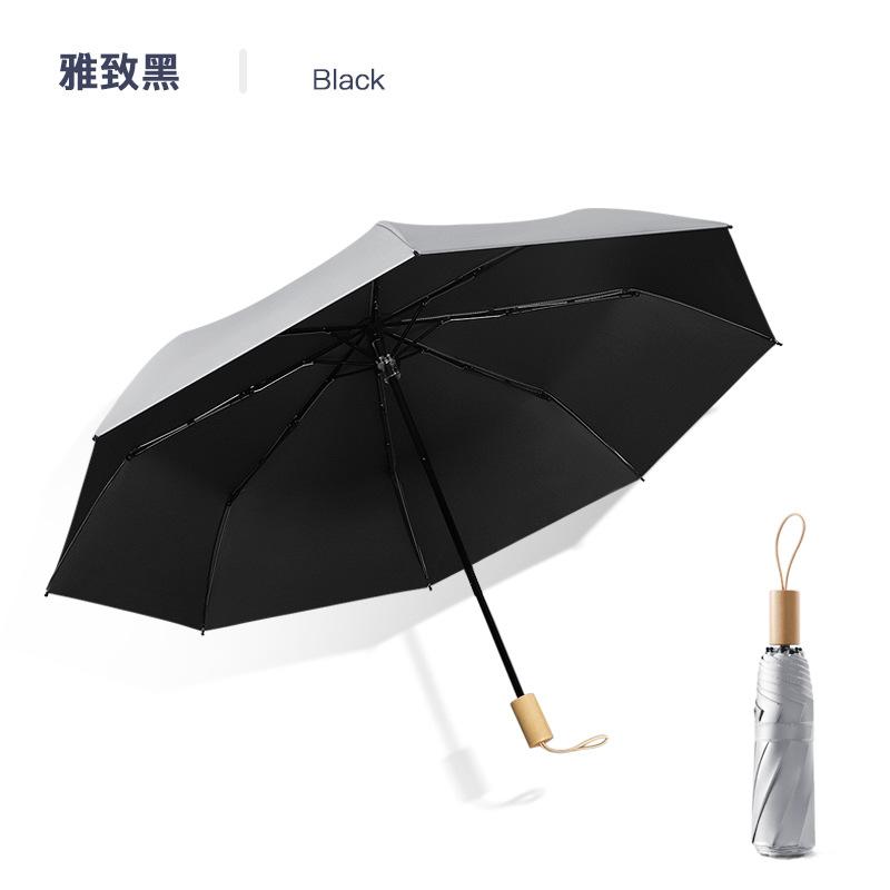 Solid color wooden handle three-fold umbrella wholesale 8-bone silver glue sun protection and UV protection folding umbrella manual umbrella