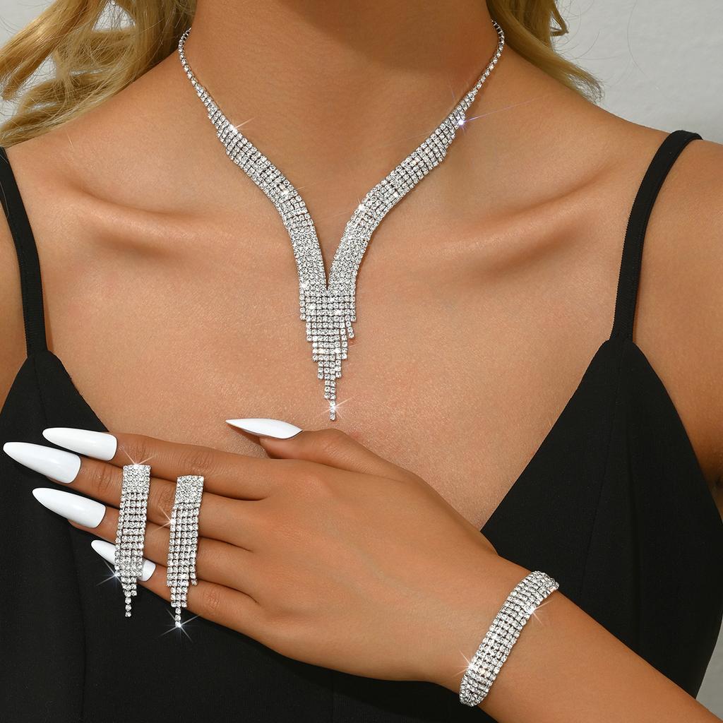 Fashionable Tassel Sparkling Rhinestone Necklace Earring Jewelry Set, Light Luxury Style High-end Jewelry Set
