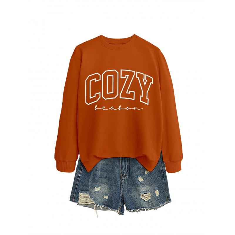 Womens Cozy Casual Round Neck Long Sleeve Cotton Sweatshirt With Letter Print Loose Fit
