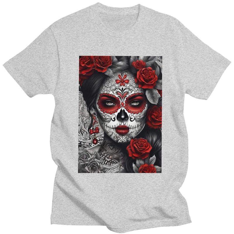 Custom Mexican Catrina Sugar Skull Lady Tshirt for Men Short Sleeves Casual T Shirt Tshirts Slim Fit Pure Cotton Tees Gift