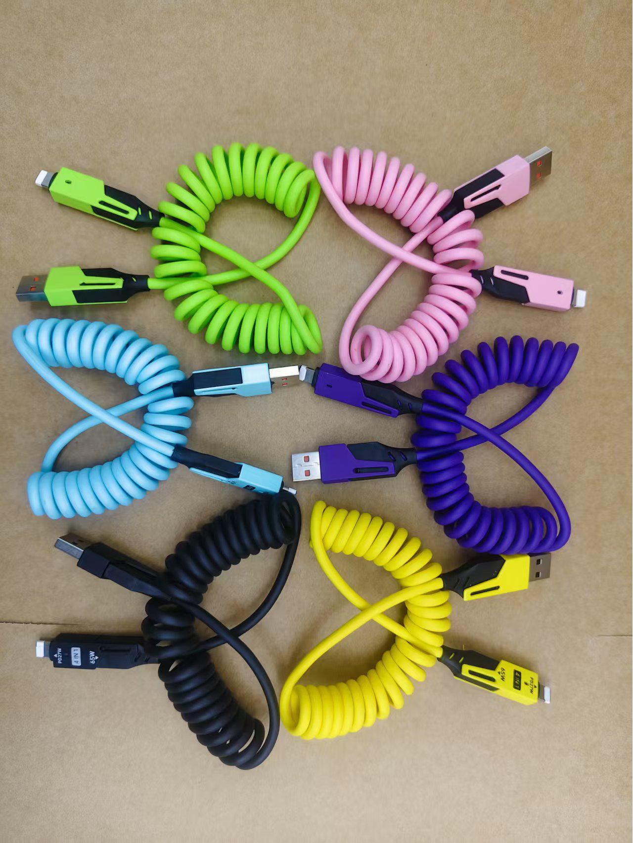 

Cross-Border 65W Fast Charging Retractable 4-in-1 Data Cable for Type-C and Two-to-Two Apple Mobile Charging Bare Cable рожевий