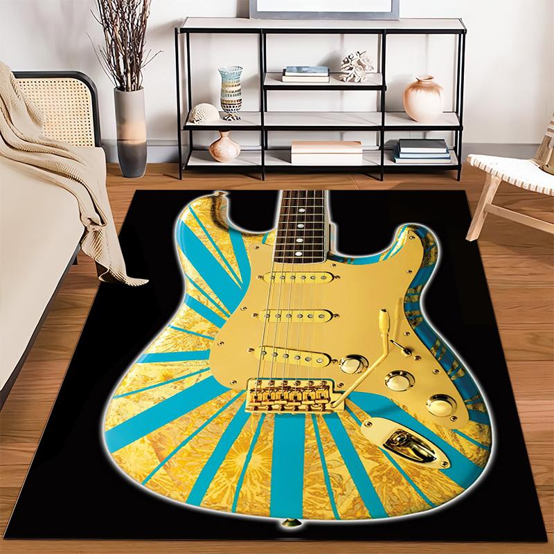Golden Blue Guitar Design Rug Non-slip rug suitable for living room and bedroom sofas