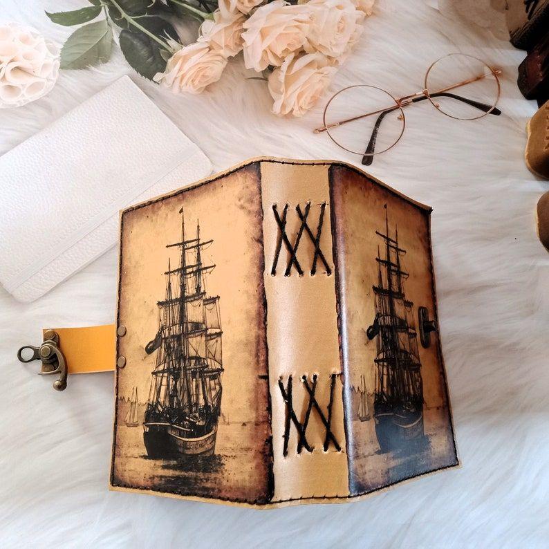 Ship Leather Journal Vintage look Boat Printed Leather dairy, Notebook, Dream journal, writing journal, deckle page sketchbook journal.