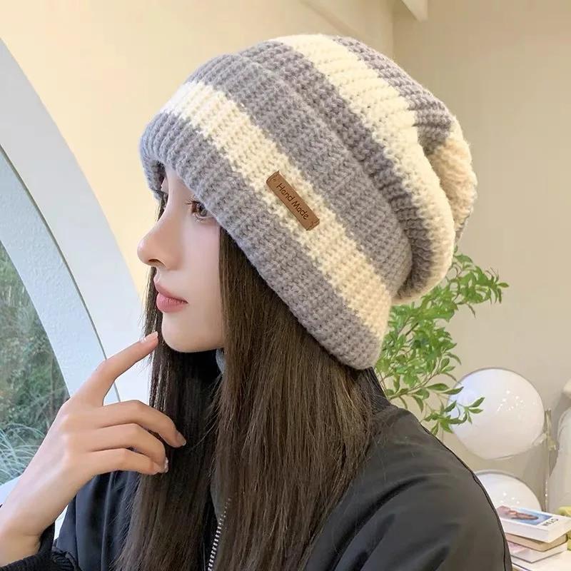Soft Knit Skullies Beanies for Women Slouchy Winter Hat Fashion Stripe Stitching Beanie Female Streetwear Cap Warm
