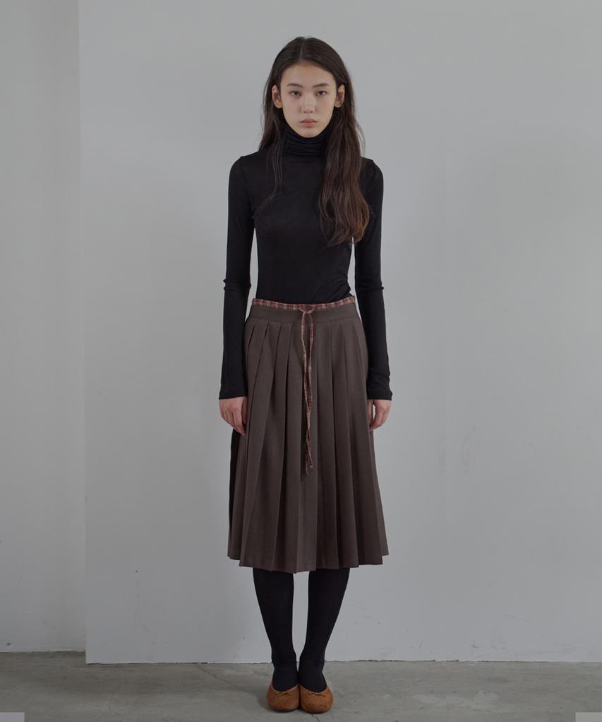 Button Check Coloring Pleats Midi Skirt (Brown)