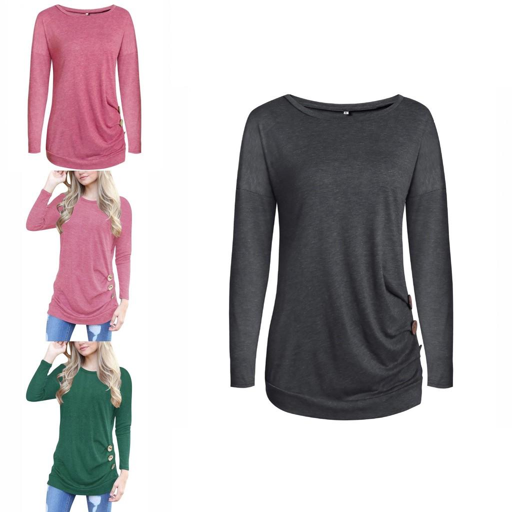 Stylish Long-sleeve Button Detail T-shirt For Women In Various Colors And Sizes