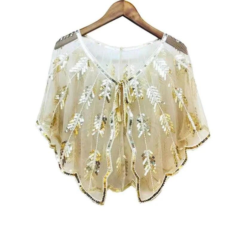 Retro Beaded Sequin Shawl Vintage Flapper Evening Cape Sheer Mesh Embroidery Leaf Women Bolero Party Accessories