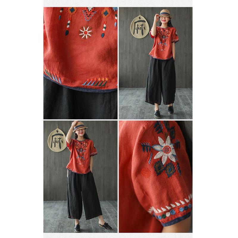 Ethnic Style Cotton and Linen Embroidered T-shirt for Women Summer Retro Loose Versatile Short-sleeved Top
