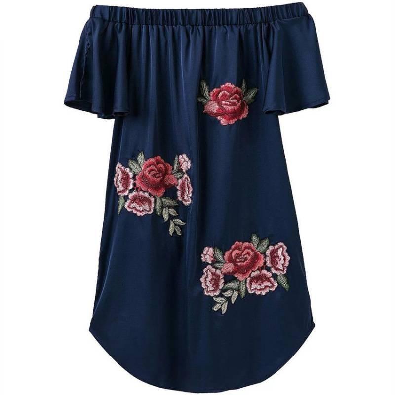 Elegant Floral Embroidered Off Shoulder Dress With Stylish One Shoulder Design
