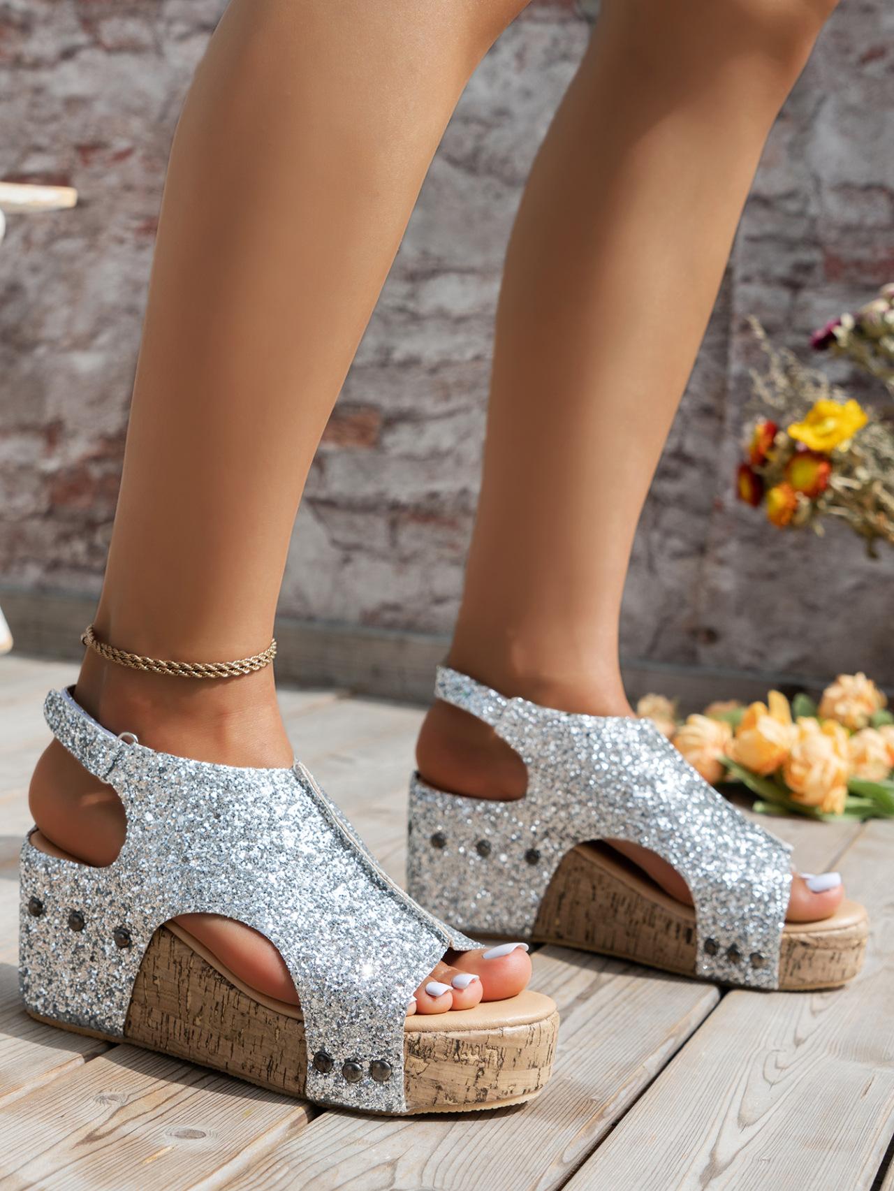 

2025 Римские сандалии Женские с пайетками Плоская подошва Клиновидный каблук Платформа Сандалии Большой размер Женская обувь Сандалии женские с открытым носком 43 серебряный