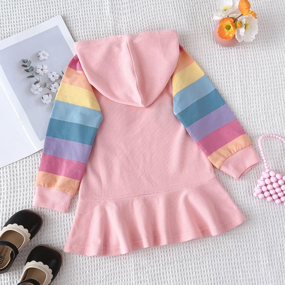 Jaro Podzim Dívčí Party Princezna Šaty Pletené Duhové Barevné Dětské Dívčí Šaty Sladký svetr s kapucí Dětské oblečení