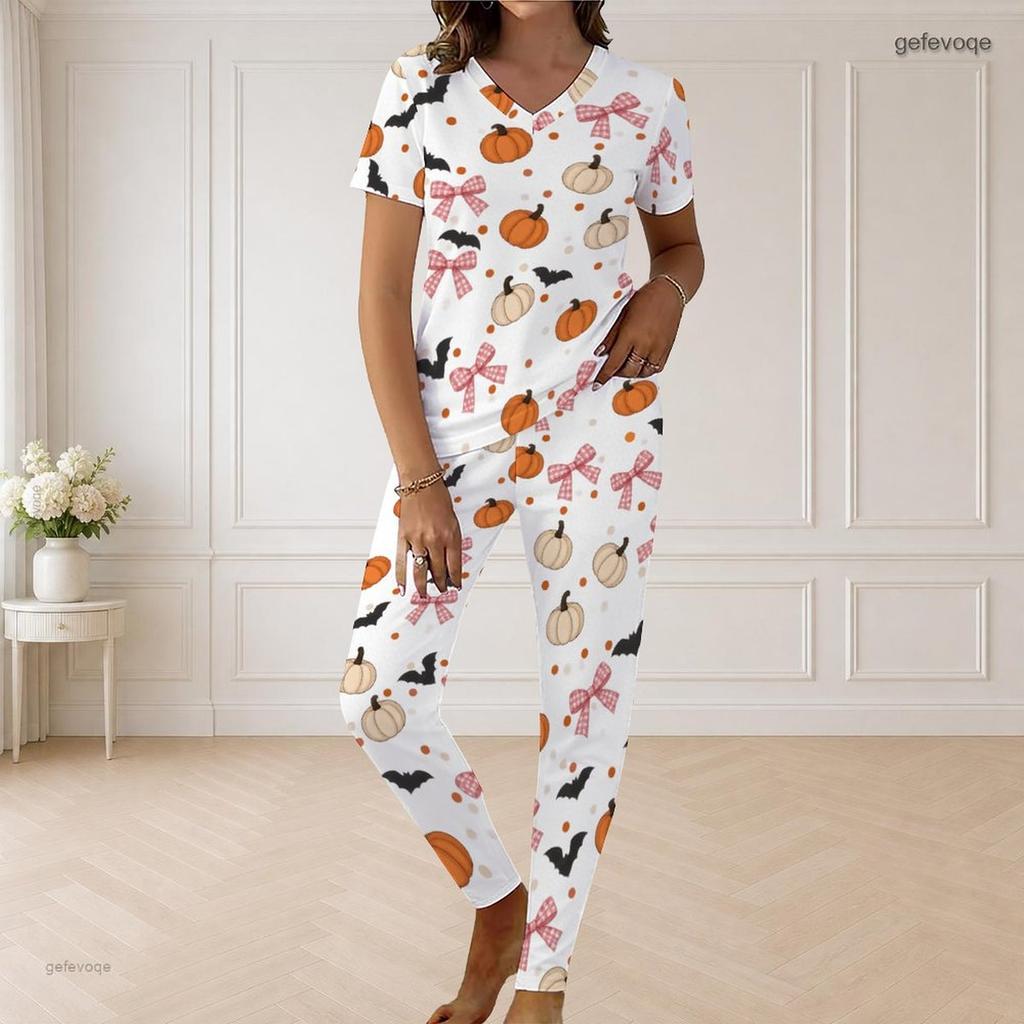Women Plus Size V Neck Short Sleeve Pajama Set Pumpkin Bat Bow Print White Loungewear