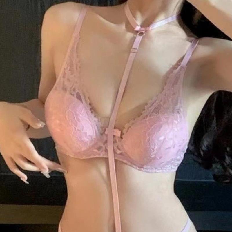 

Pink Lace Harness Bra with Neck Strap Sexy Lingerie S рожевий