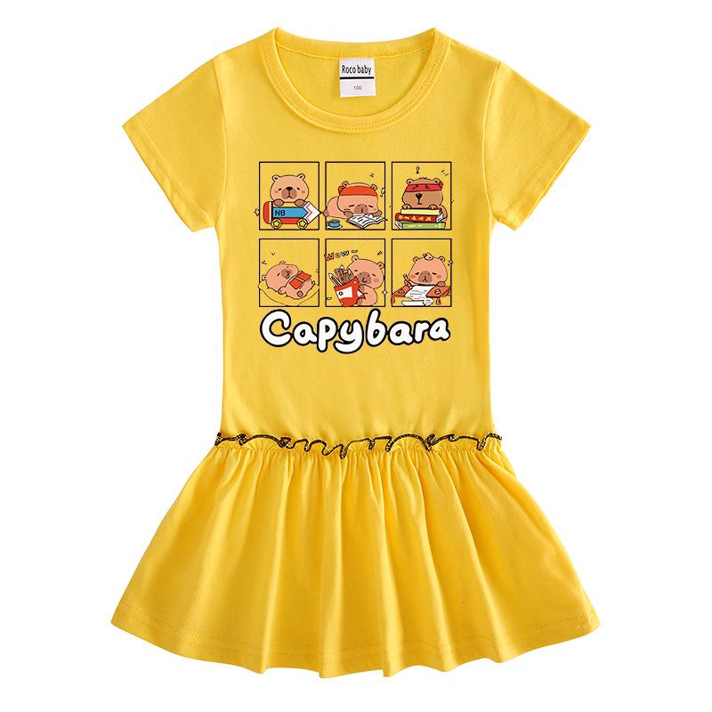 Girls' Summer Cartoon Pleated Ruffle Dress with Raglan Short Sleeves