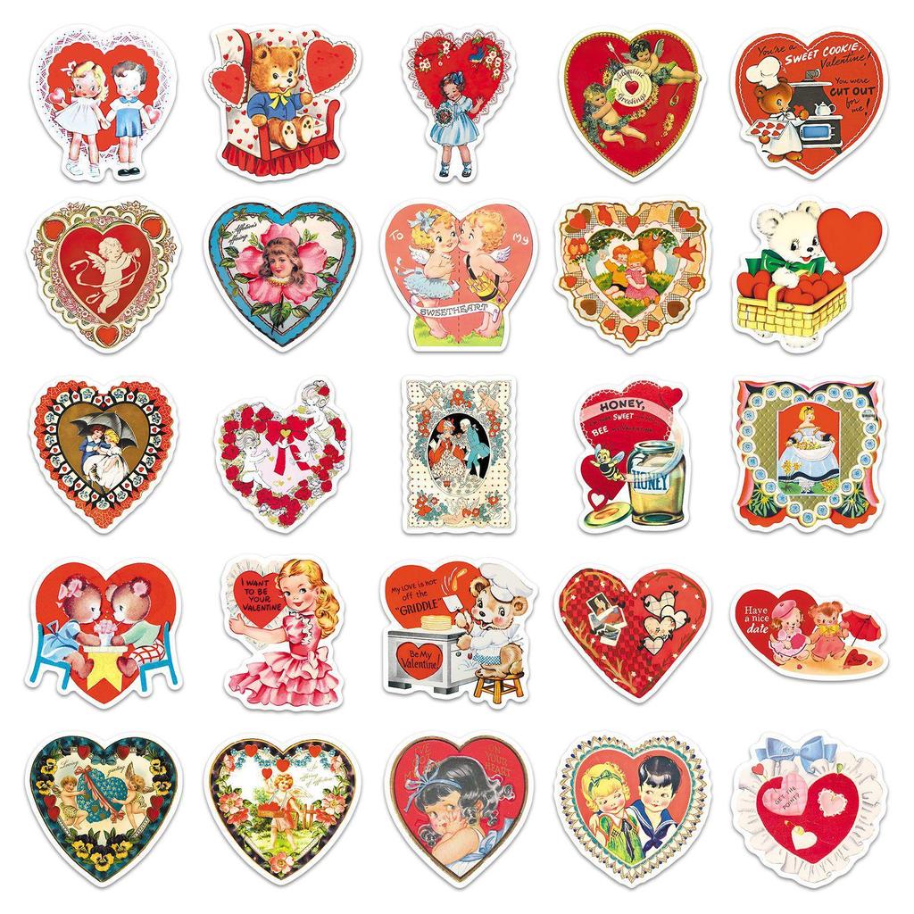 50pcs Retro Valentine's Day Cartoon Decorative Stickers for Refrigerator, Desktop, Earphones, and Guitar - No Cutting Required