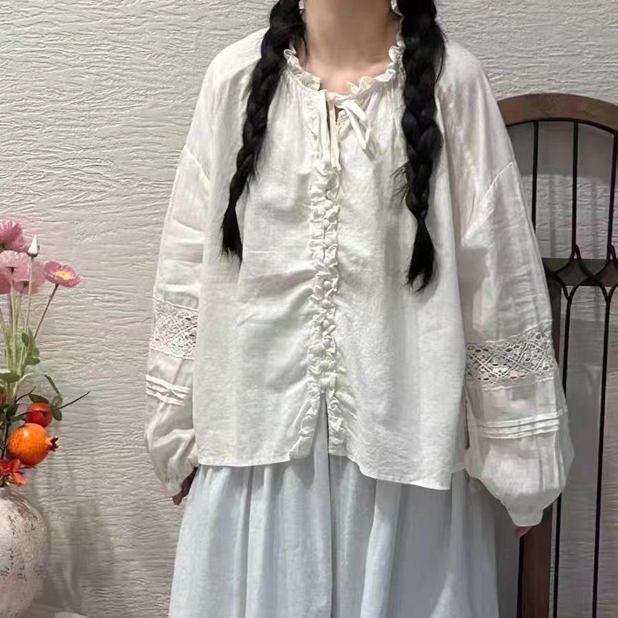 

Хлопково-льняной кардиган с кружевным воротником и пышными рукавами в стиле «Лесная девушка» One Size