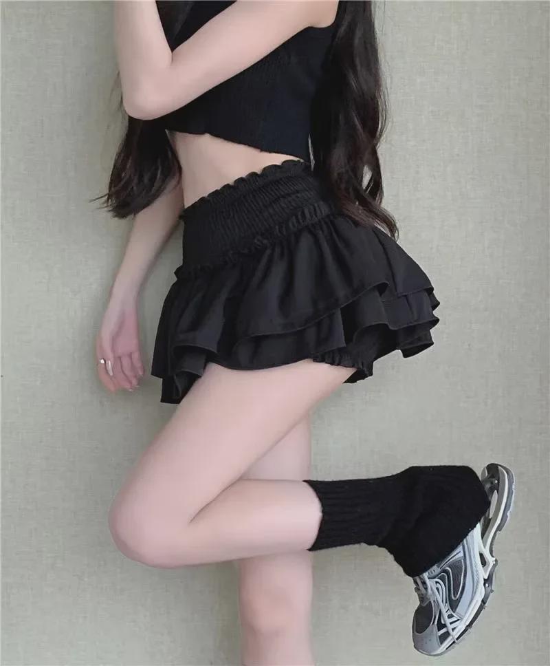 Women's Black High-Waist Pleated Ballet-Style A-Line Skirt with Anti-Exposure Shorts