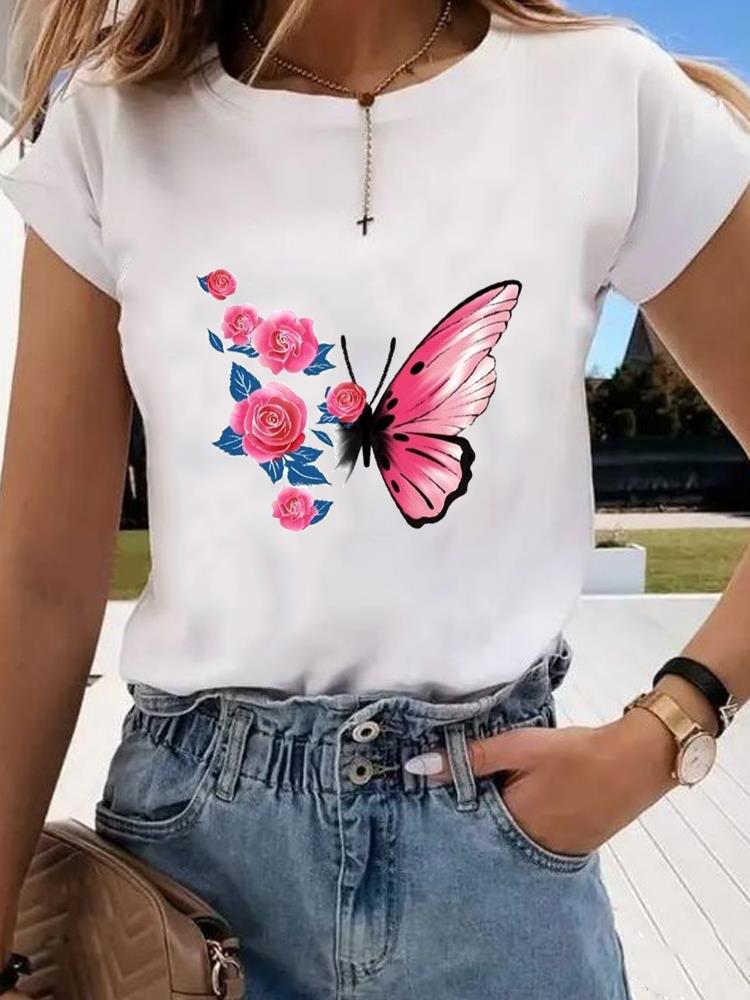(Asian Size)  trend butterfly flower cute Graphic Tee Fashion T Clothing Women's Top  Print Female Casual  Short Sleeve T-shirts