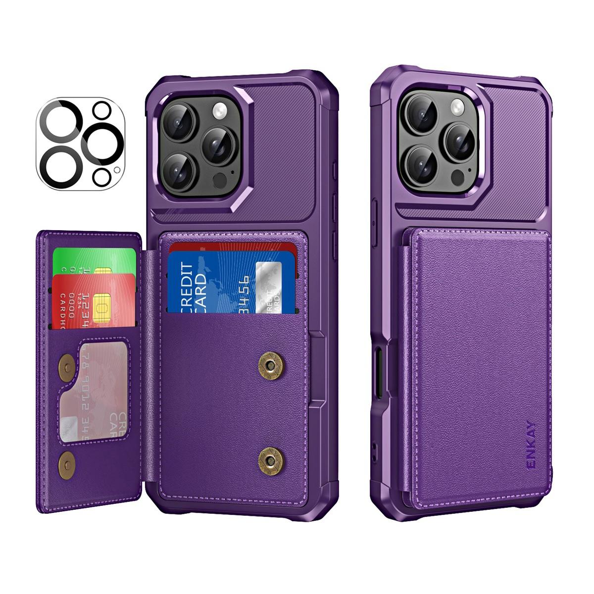 

For iPhone 14 Pro ENKAY Hat-Prince Wallet Card Slot Kickstand PU Leather +TPU Back Phone Cover with Camera Lens Film Purple