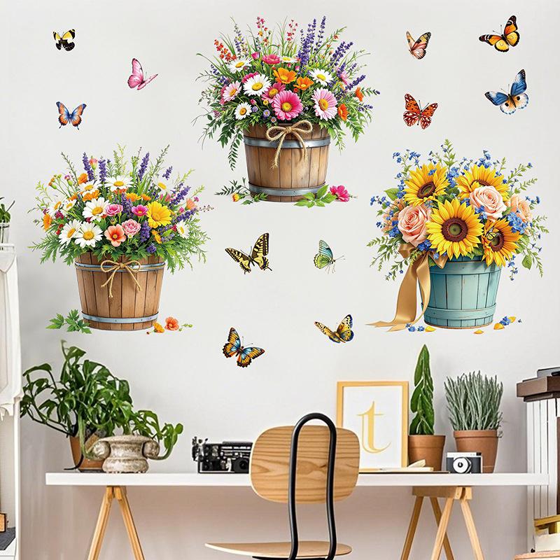 3D Wooden Barrel Wall Sticker Flower Decoration Butterfly Lavender Rose Tile Sticker Kitchen Restaurant Background Home Decor Peel and Stick
