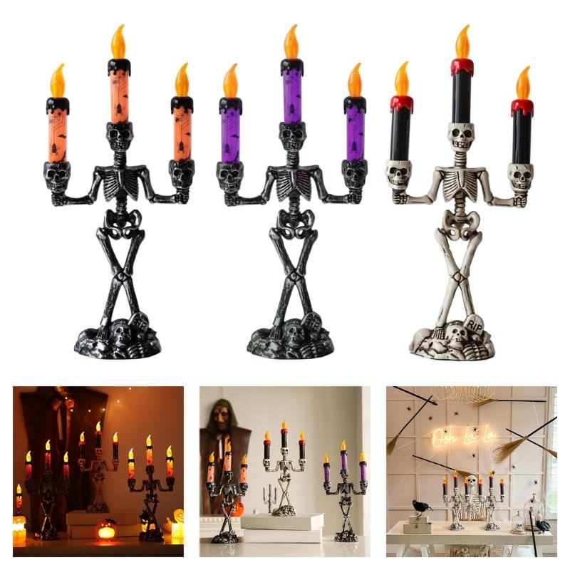 Skull Candelabra Halloween Decoration Skeleton Candlestick with Flameless Candle LED Light for Mantels Tabletop Porch