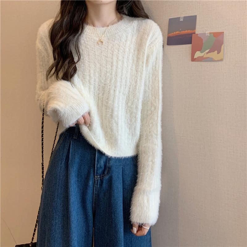 Y2K Cropped Sweater Pink Furry Solid Korean Fashion Pullover Knitted Sweaters Autumn Winter Long Sleeve Harajuku Jumper Sweater