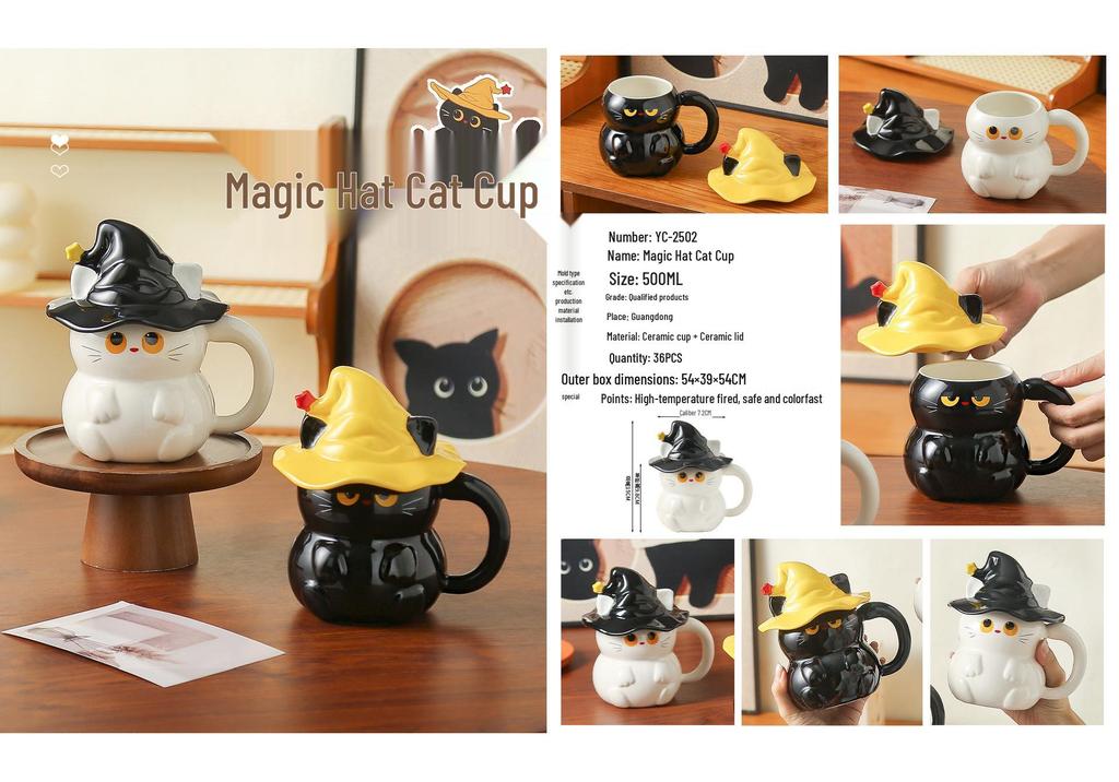 Enchanting Cat Ceramic Mug with Lid - Ghost Hat Design, Perfect for Couples