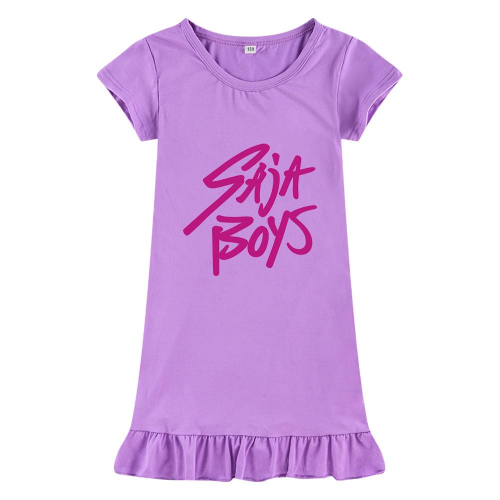 M1205 Kids Girls Sajaboys Kpop Rumi Zoey Mira Print Short Sleeves Ruffle Dress