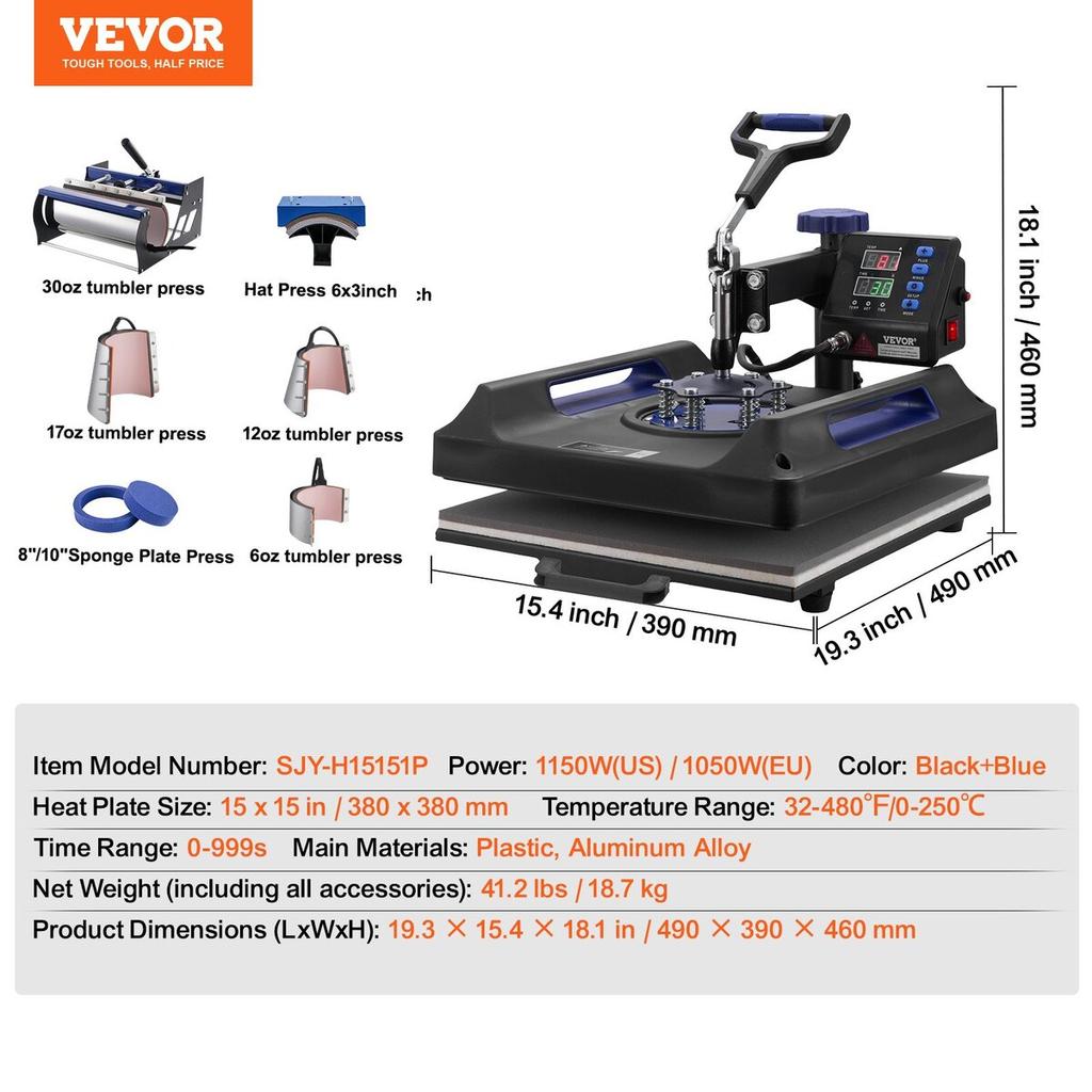 8 In 1 Heat Press Machine 15x15 In 30oz Tumbler Press T-Shirts Black+Blue