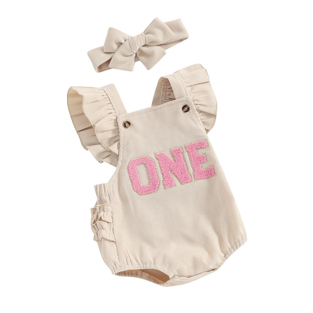 Baby Girl Summer Outfits Ruffle Sleeveless Letter Embroidery Romper with Headband Set Birthday Clothes