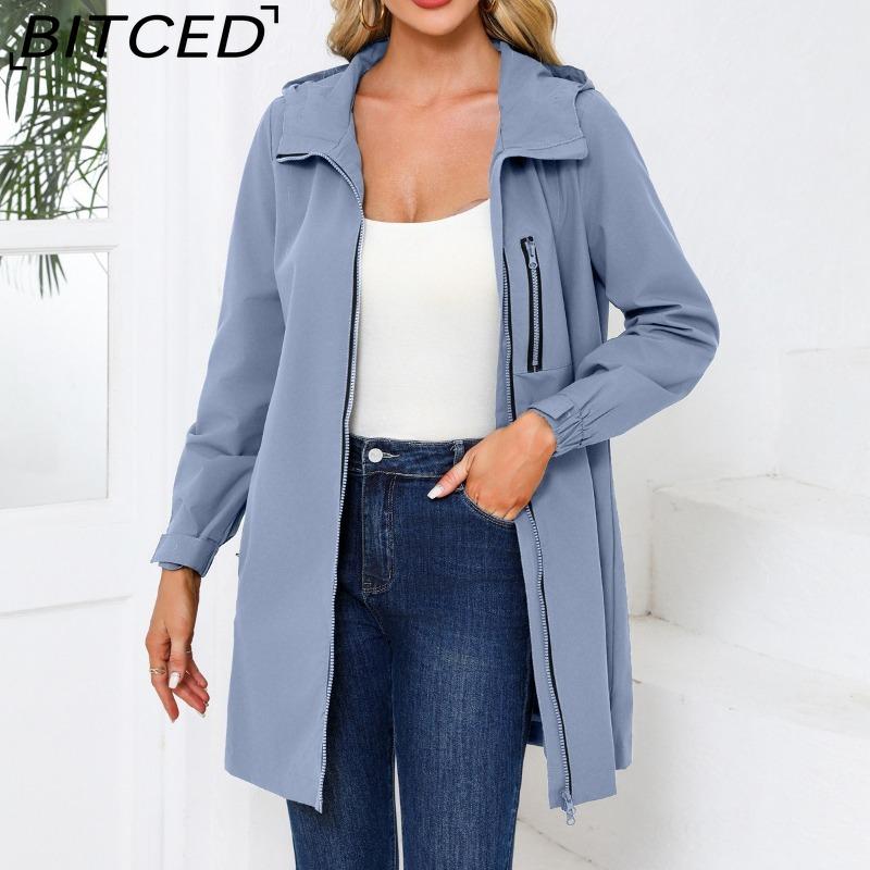 BITCED Women's Outdoor Sports Water-Resistant Trench Coat with Hood Long-Sleeved Spring/Autumn Loose-Fit Casual Windbreaker