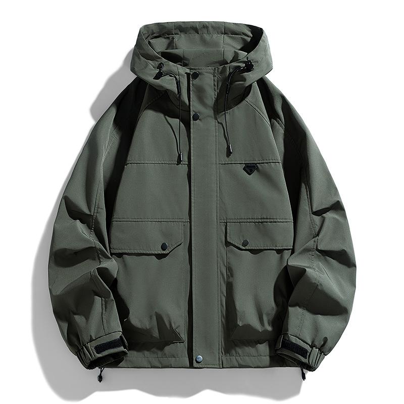 Jacket men's new spring and autumn solid color casual fattening plus size jacket loose hooded cargo men's coat
