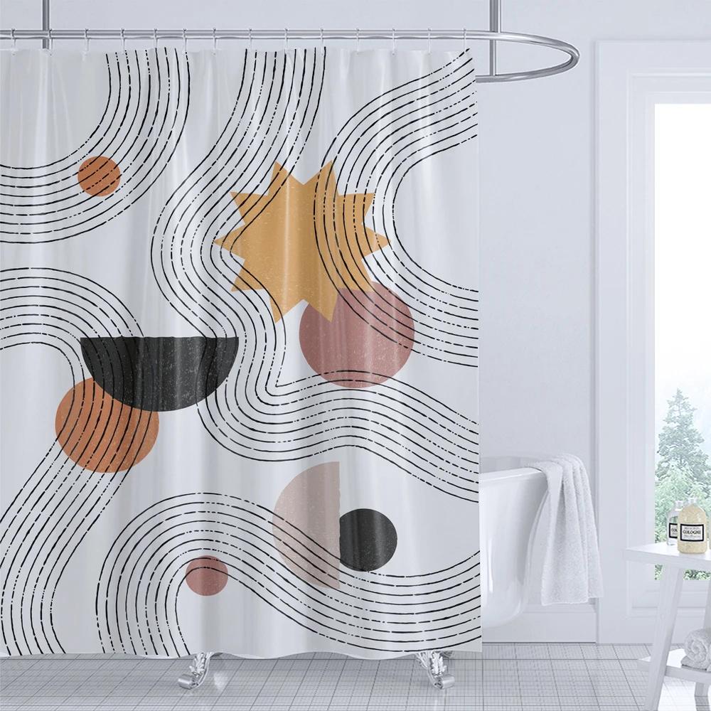 Bathroom Abstract lines Bohemian Shower Curtain Medieval Minimalist Art Polyester Fabric Shower Curtain 180x180CM with 12 Hooks
