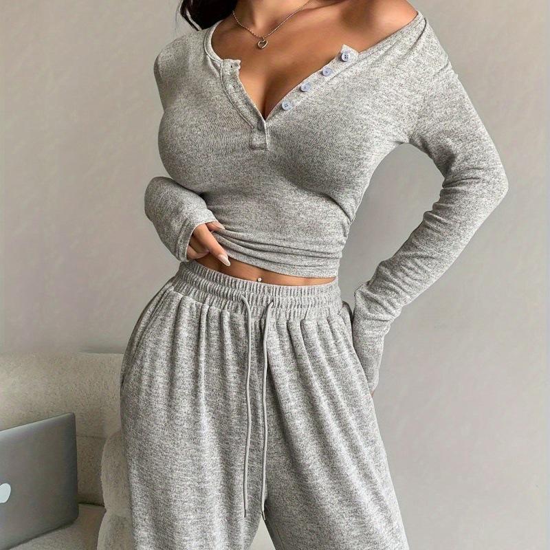 Women's Solid Color Long Sleeve Button-Up Top and Tight-Fitting Trousers Set - New Spring/Fall/Winter 2-Piece Outfit