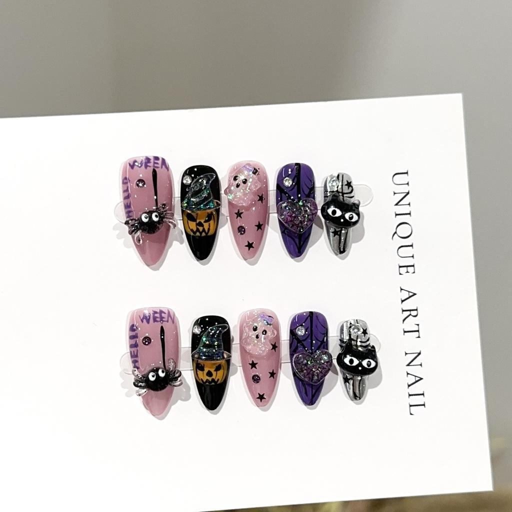 Halloween Purple Almond Press-on Nails – Hand-Painted Pumpkin, Ghost, and Spider Designs – Fully Handmade