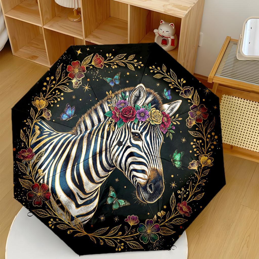 Zebra With Floral Crown Portable Automatic Umbrella Sturdy 8Rib Shaft Compact Design Travel Essential Fashionable Best For Christmas T26
