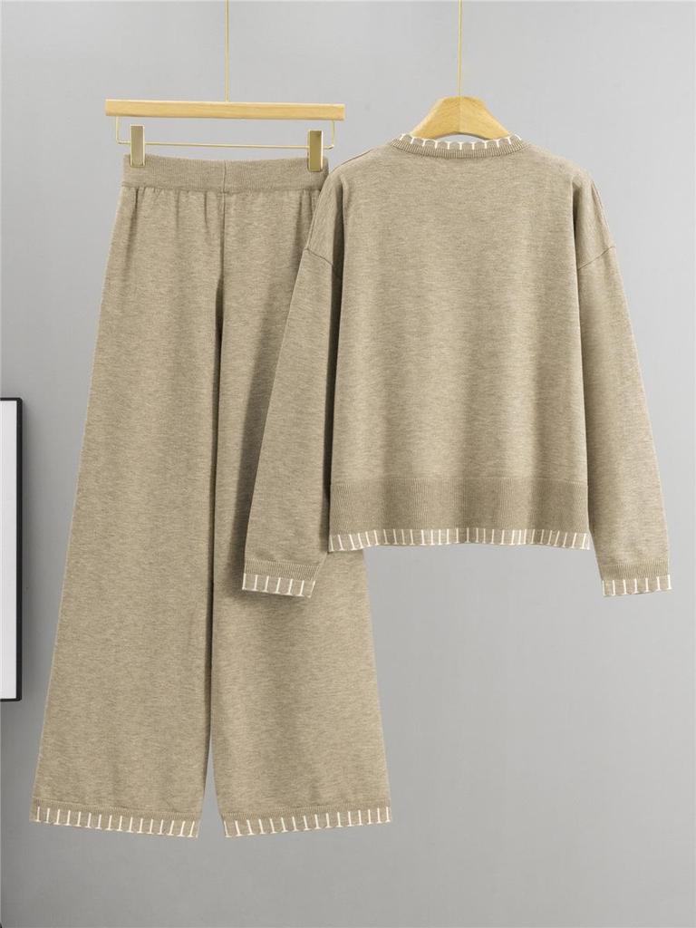 Women's Knitwear Set: Loose Long Sleeve Sweater & Wide Leg Pants, Spring/Autumn Fashion Two-Piece Set