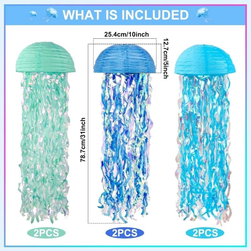 Set of 6 Ocean Theme Jellyfish Paper Hangings Colorful Hanging Decoration for Birthday Parties and Baby Showers