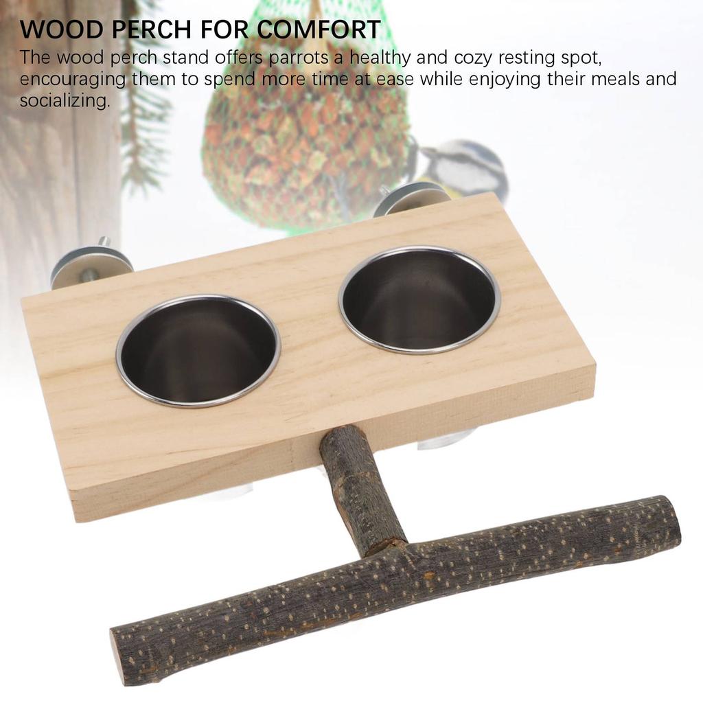 Bird Cage Feeder with Perch Stand Stainless Steel Food Cup Bird Wooden Feeding Bowl for Parakeets Co