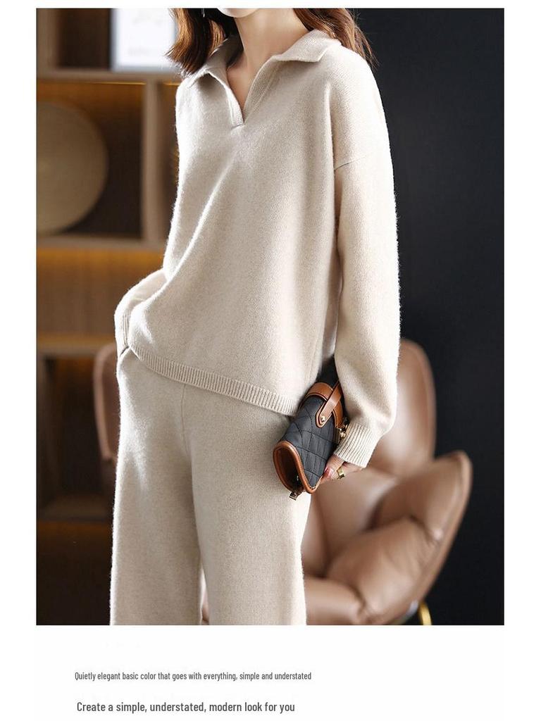 Set din două piese de toamnă/iarnă pentru femei, stil european: Pantaloni cu picior larg și tricotaje pulover