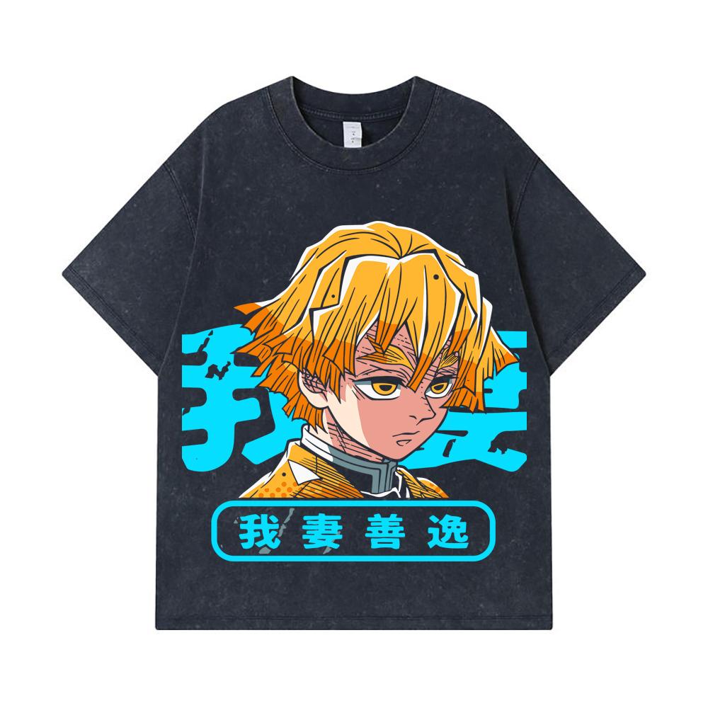 275 GSM Washed T-shirts 100% Cotton Demon Slayer V100 Zenitsu Print Unisex Heavy Cotton T Shirt