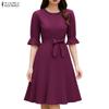 ZANZEA Vestido Casual de Mujer con Cuello Redondo, Color Sólido y Manga Corta