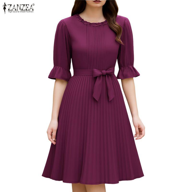 ZANZEA Vestido Casual de Mujer con Cuello Redondo, Color Sólido y Manga Corta