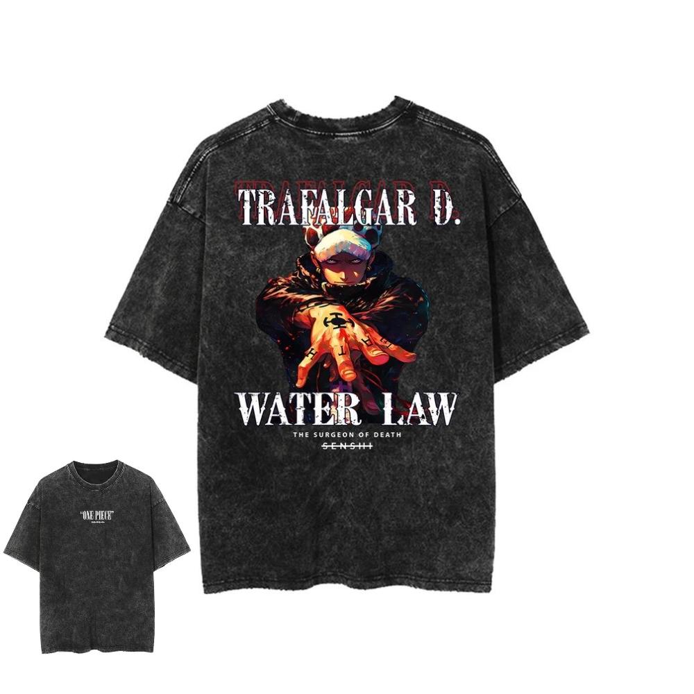 Oversized Vintage Washed One Piece Anime T Shirt Men Women Cotton Short Sleeve Tee Streetwear Graphic Print Tops
