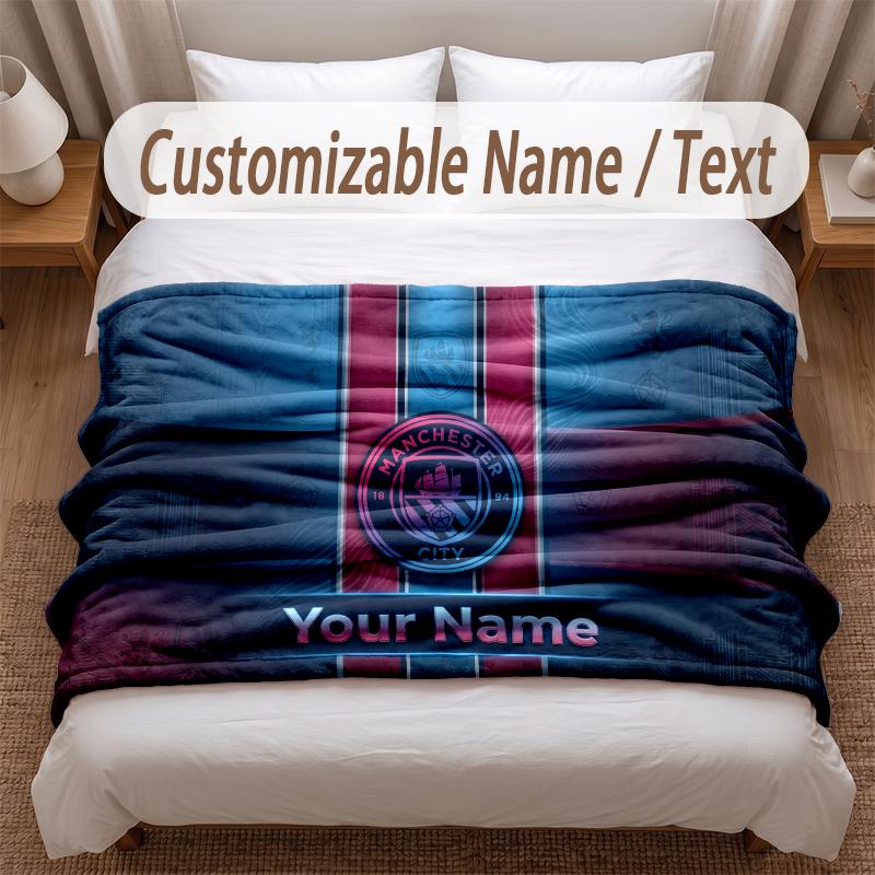 Manchester City Printed Flannel Blanket Custom Name Text Soft Warm Throw For Bedroom Holiday Gift