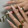 24PCS Spice Girls False Nails Simple White French with Glitter Diamonds Long Stiletto Press On Nails Acrylic Wearable Fake Nails
