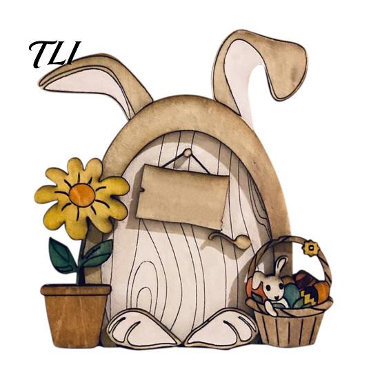 Miniature Mushroom Wood Crafts Wooden Fairy Door Decor, 2D Gnome Elf Ornament, Bunny Hand Fantasy Storybook Style Props Painted Craft,